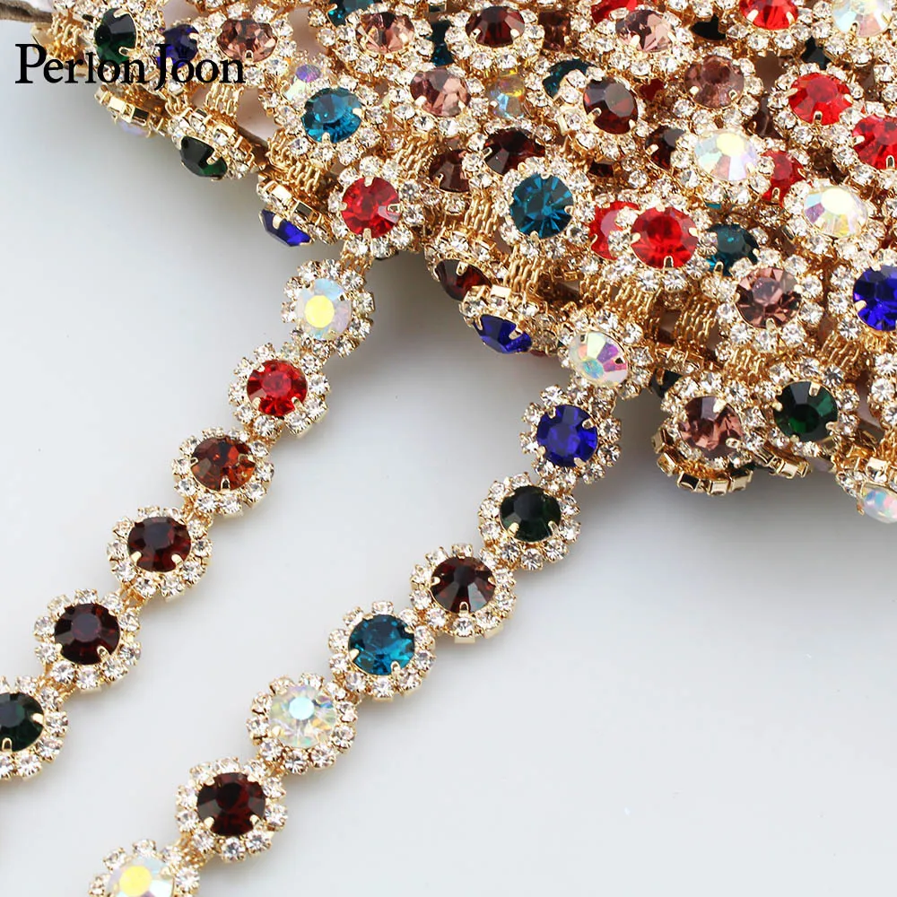 1 yard mixed color crystal round rhinestone trim shiny crystal gold metal chain clothing bag decoration accessories ML111