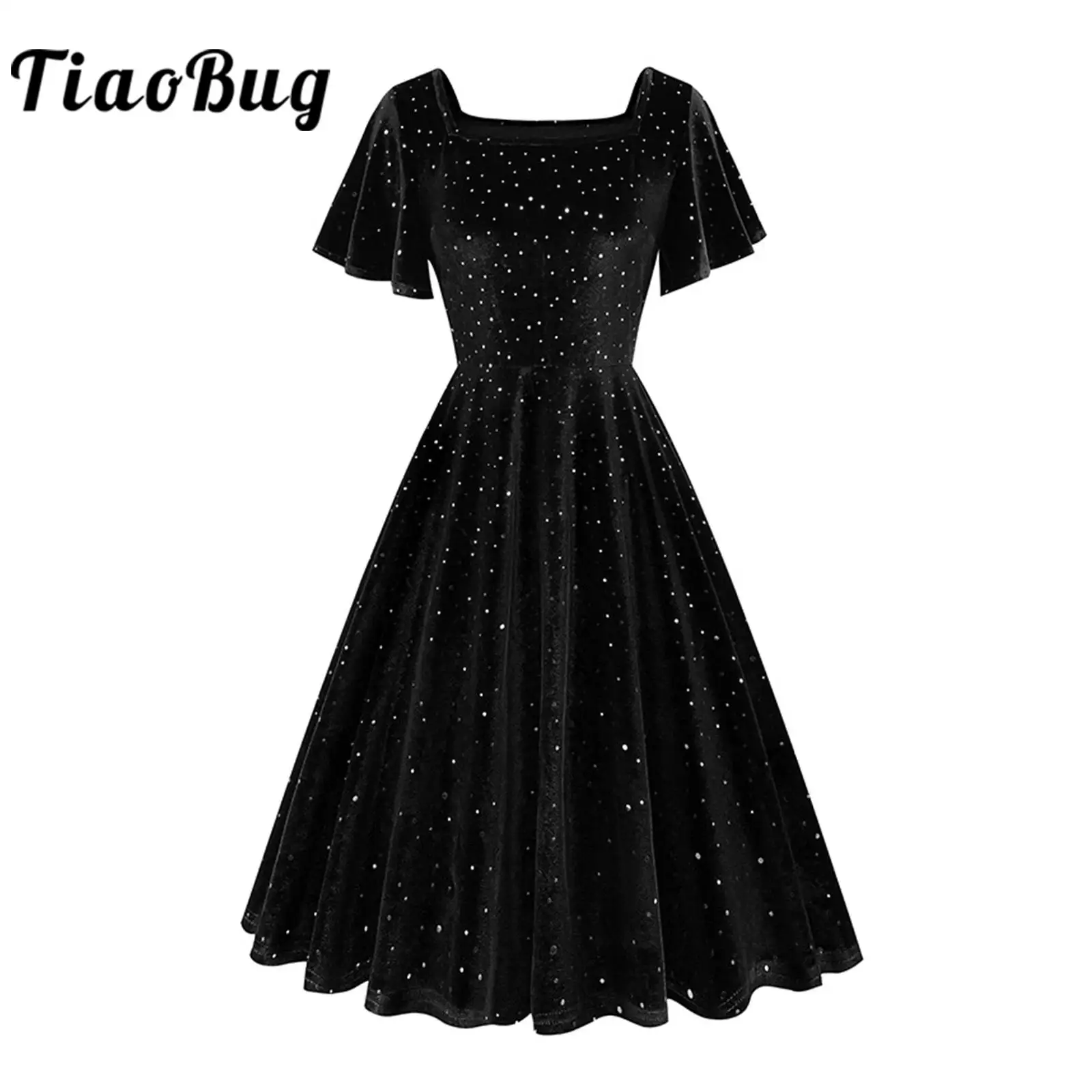 Elegant Women Retro Dress Short Sleeve Square Collar Sparkly Pleuche Dress for Party Banquet Celebration Pageant Prom Gown