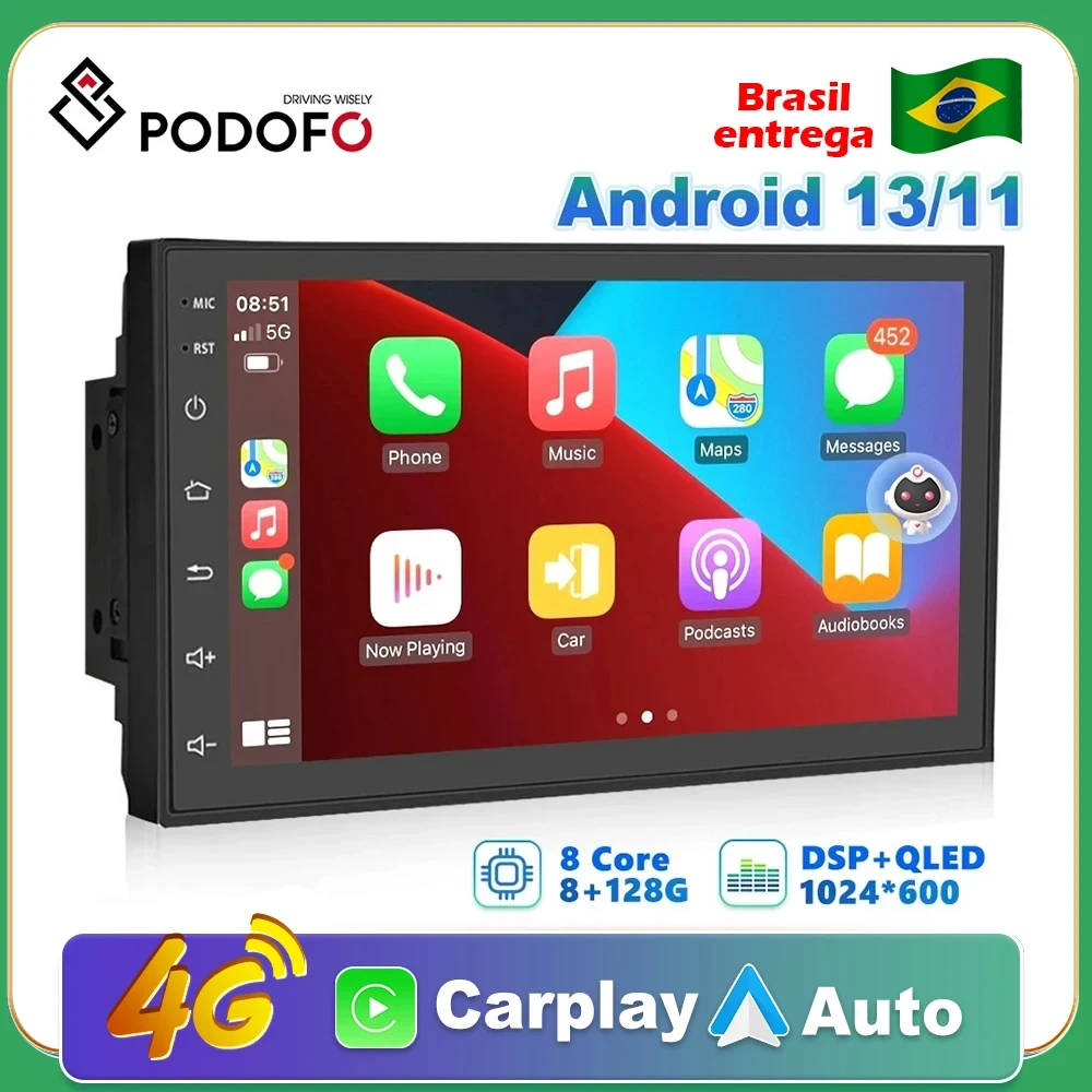 Podofo 8G 256G Car Radio GPS 2 din Android 11 Auto Carplay Universal 7