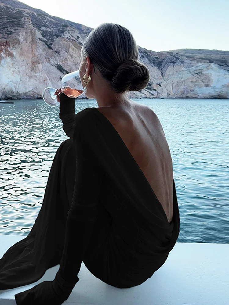 Elegant Solid Backless Women's Long Sleeved Wrinkles Slim Floor Length  Dress 2025 Spring Summer Female's Beach Fishtail Robe - AliExpress 200000345