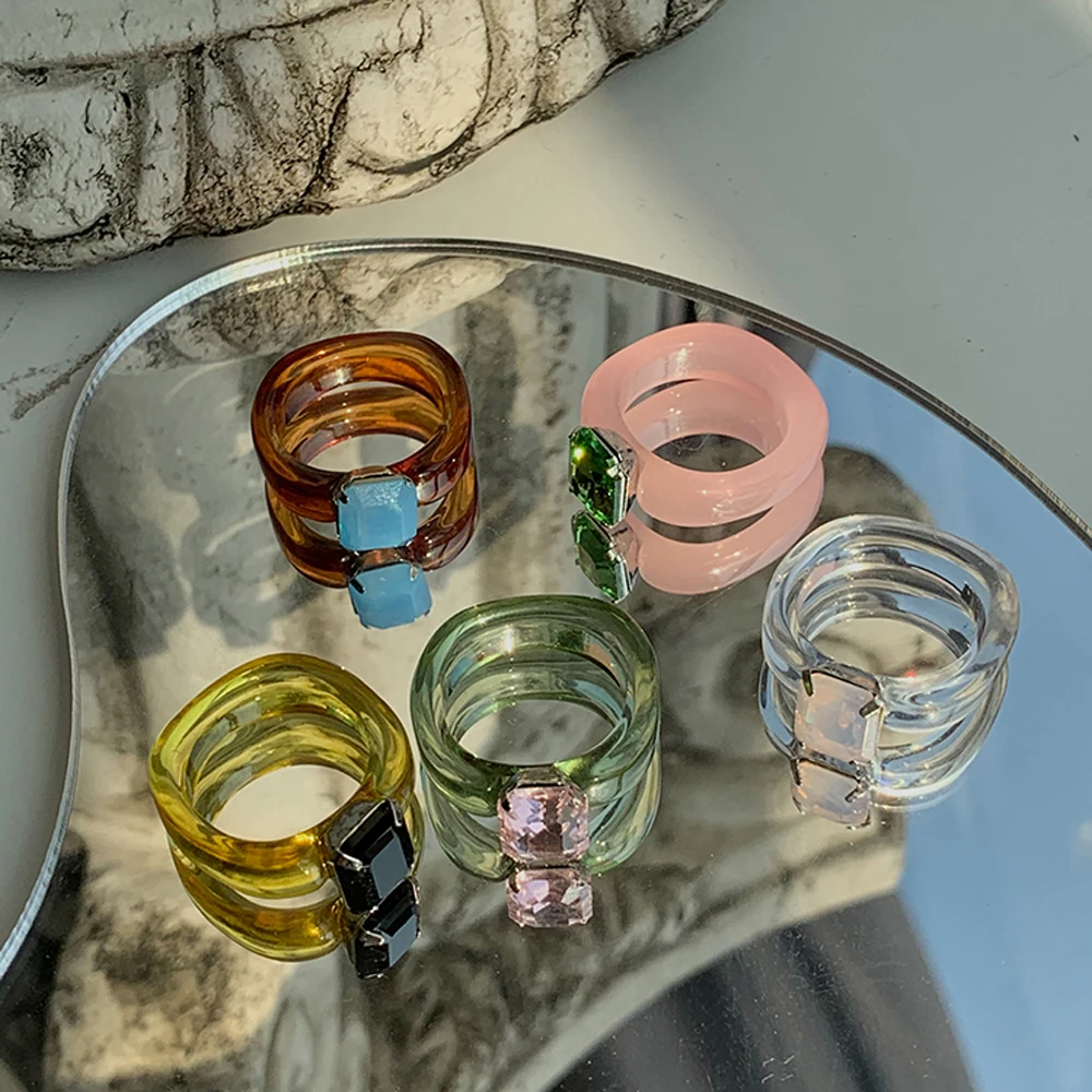New Transparent Resin Acrylic Rhinestone Colourful Geometric Square Round Rings for Women Jewelry Party Gifts