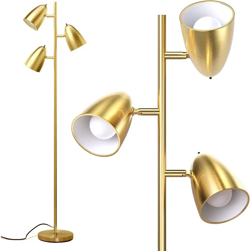 Tree Floor Lamp with 3 Adjustable Rotating Lights and Matching LED Bulbs, Standing Tall Pole Lamps