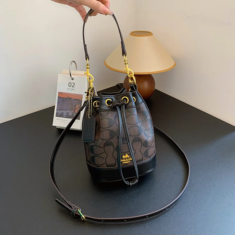 light-khaki-contrast-leather-vintage-print-bucket-bag-compact-light-match-office-workers-daily-grocery-casual-trip