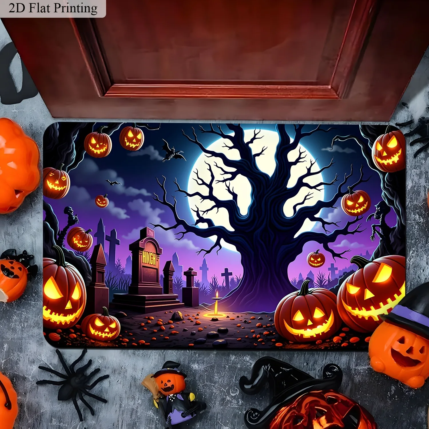 Spooky Halloween Doormat Orange Full Moon Haunted Ghost Bat Pumpkin Pattern for Front Door Indoor Entrance Holiday Floor Carpet