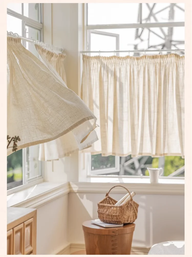 Dimmable decorative coffee shop wrinkled linen gauze door curtain half curtain Japan short curtain pleated short sheer curtains