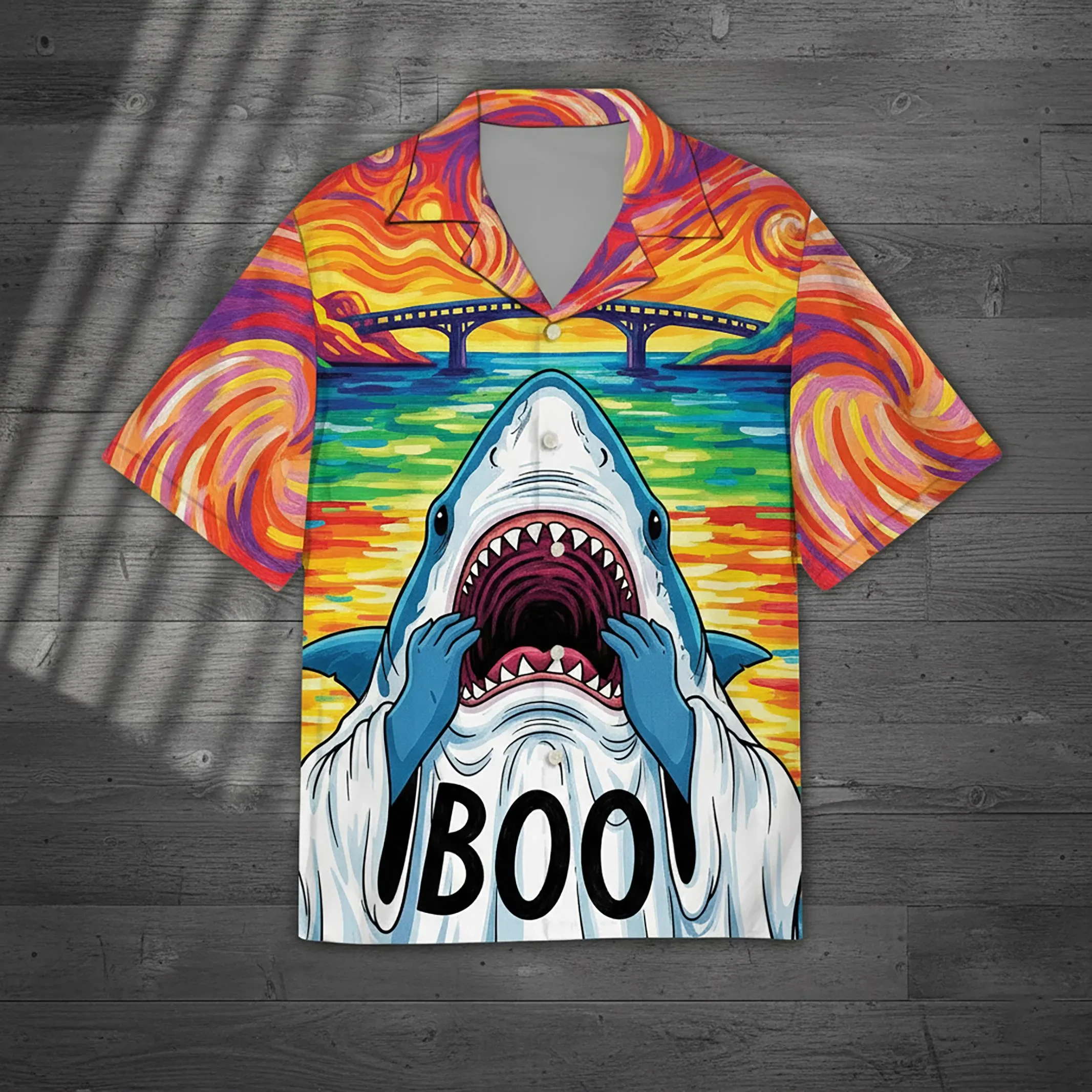 

2026 Men Hawaiian Shirt Funny Shark Boo Van Gogh Style Tropical Beach Casual Short Sleeve Button Down Aloha Shirt For Vacation