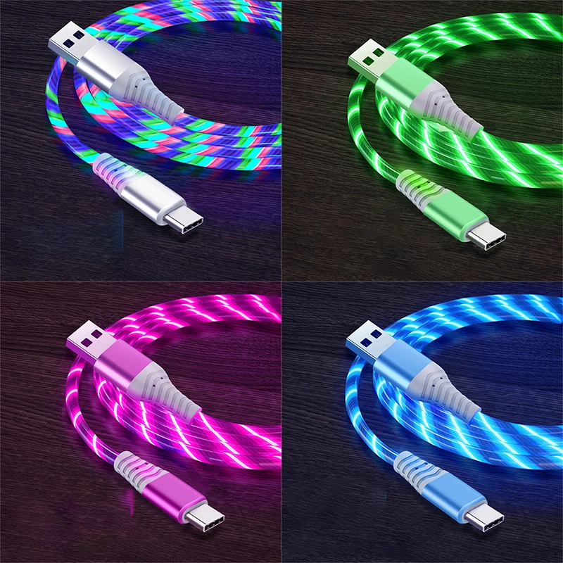 Flow Luminous USB Type C Cable 5A  Fast Charging Data Cord Fast Charging Cable Glowing LED Cable for Samsung Xiaomi IPhone Micro