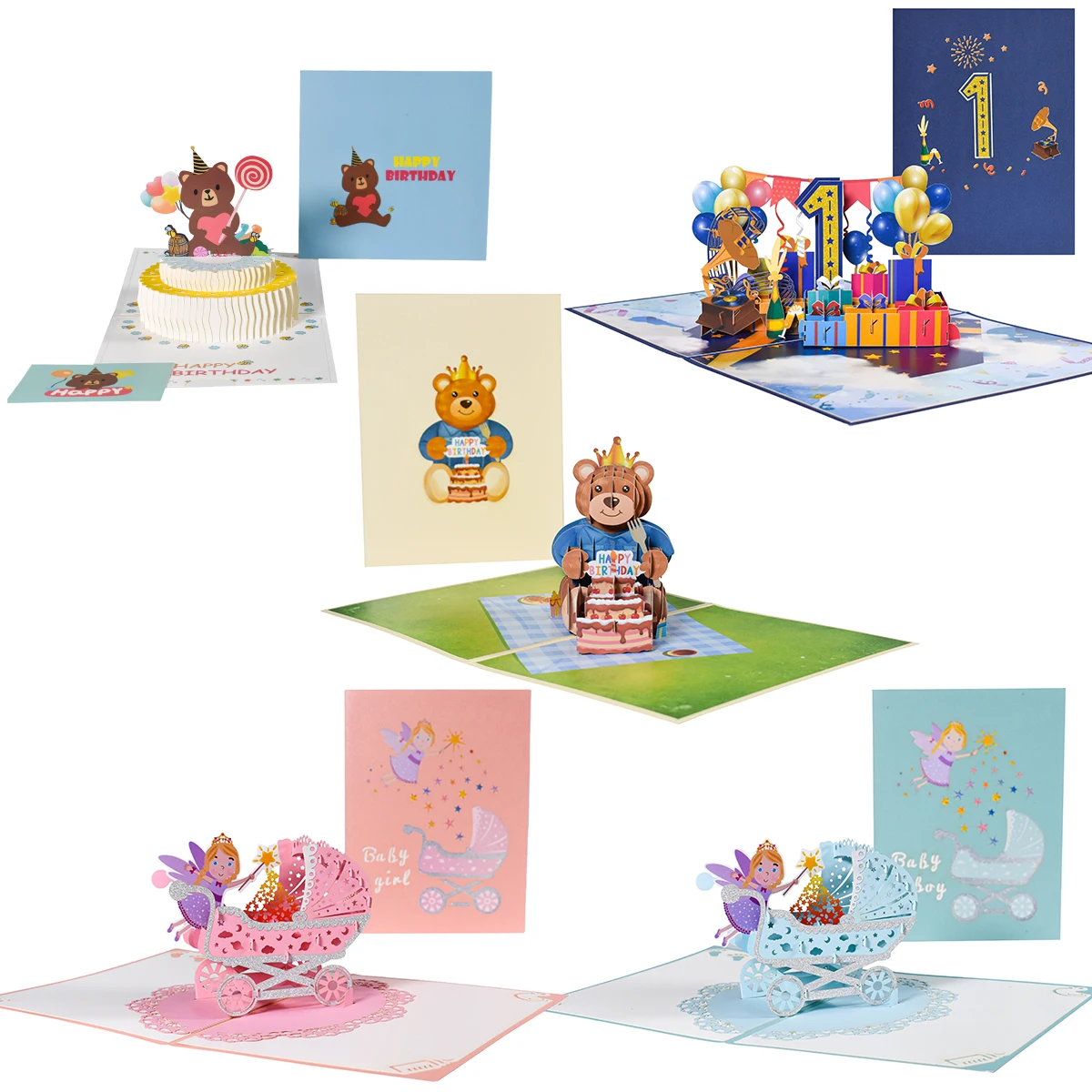 5 Pack 3D First Birthday Gift Pop Up Cards Mixed Designs Greeting Cards Bulk for Kids Newborn