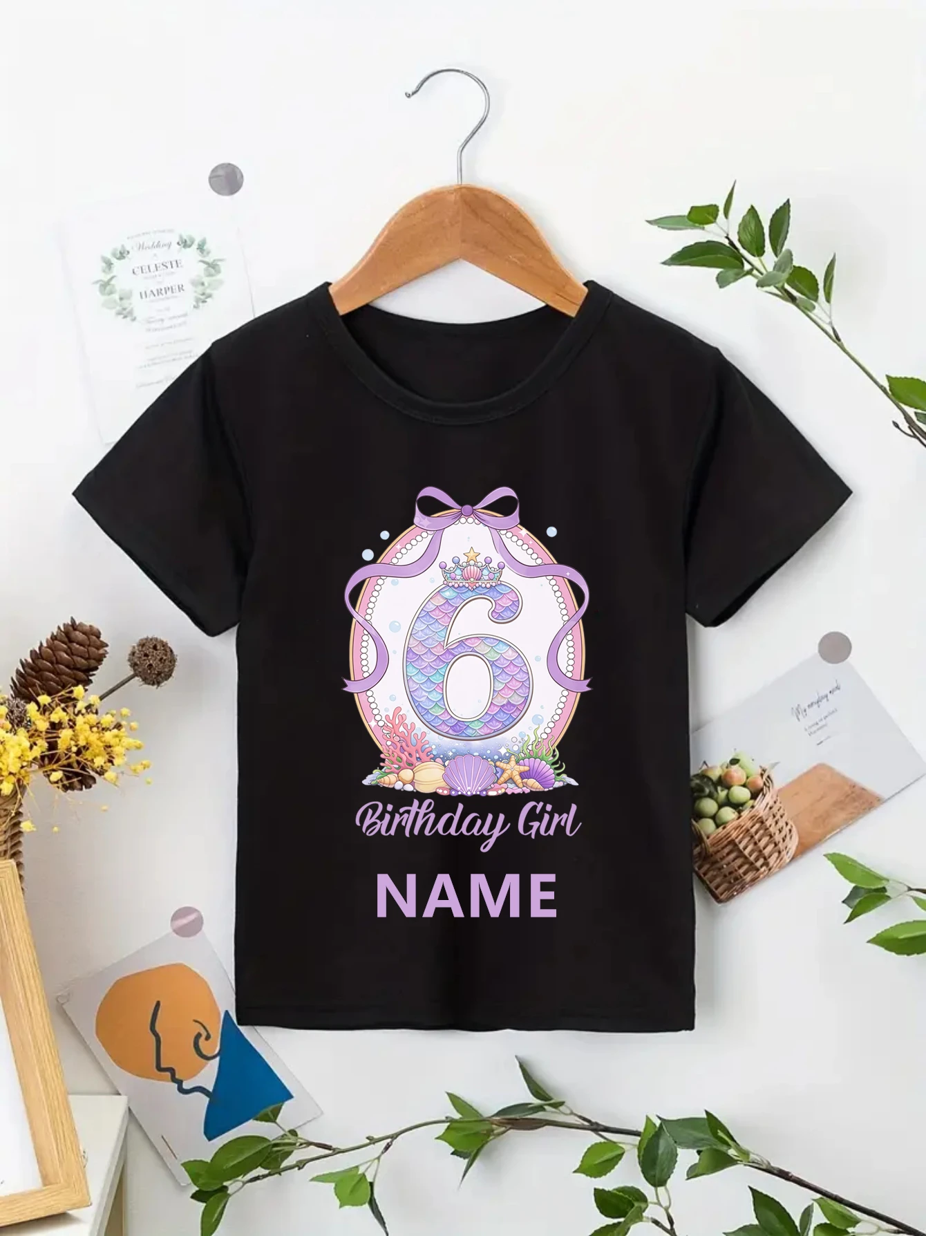 

Mermaid Themed Starfish Shell Colorful Crown Birthday 2th-8th Number Print T-Shirt Personalized Name Girls Clothes Birthday Gift