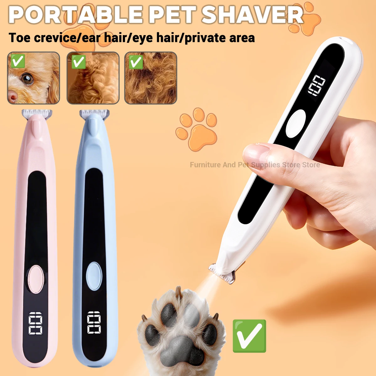 

Pet Dog Electric Beauty Hair Trimmer with LED Light, Pet Foot Hair Electric Push Clipper, Silent Cat Facial Ear Foot Hip Shaver