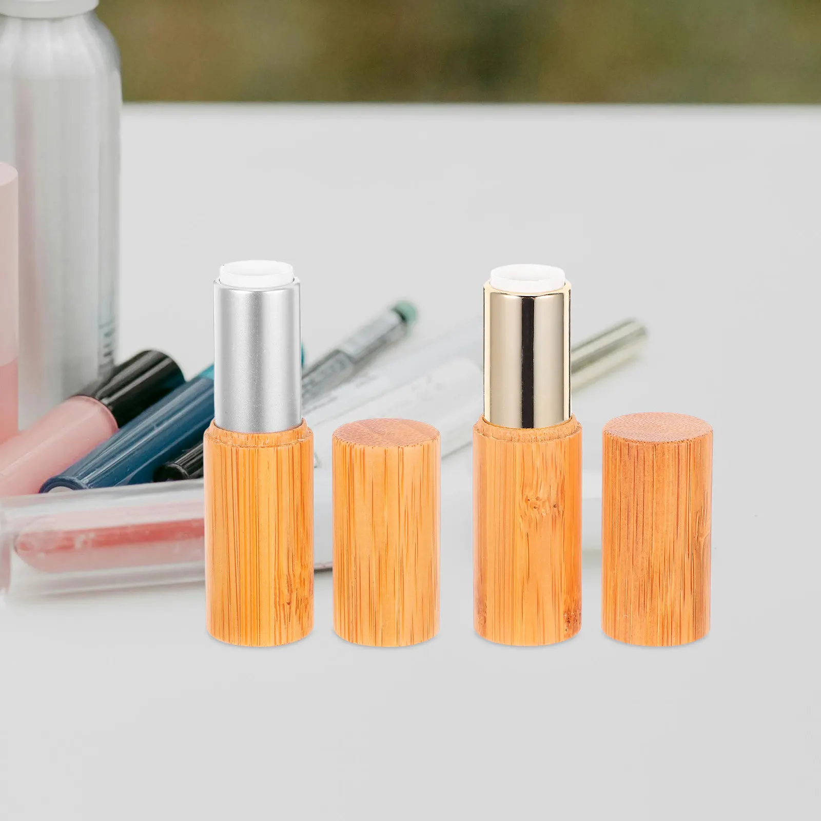 2 szt. bambusowych tubek na balsam do ust 3. Puste pojemniki na błyszczyk DIY do ręcznie robionych balsamów do ust, złote, srebrne