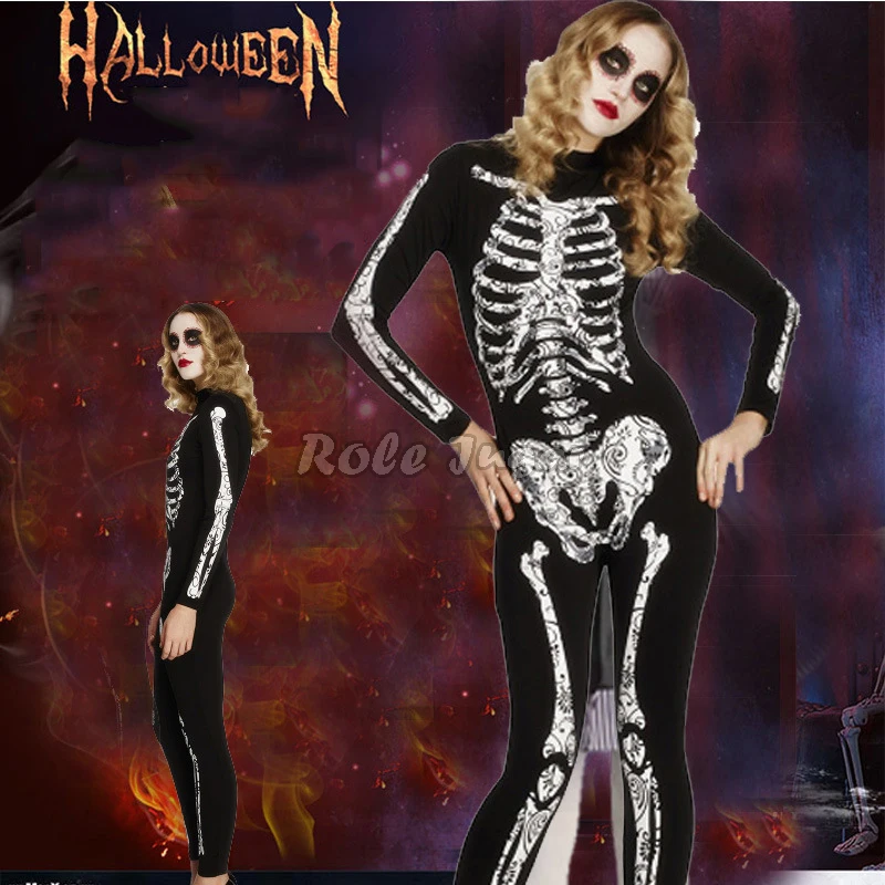 Halloween Skeleton Jumpsuit Cosplay Costume Women Carnival Party Scary Print Skull Zombie Ghost Bodysuit Role Playing