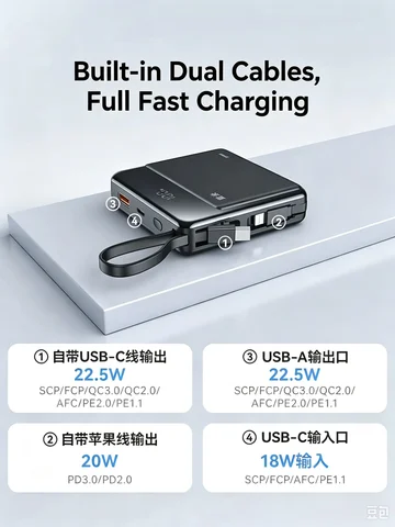 Ultra-Slim ZMI 20000mAh Portable Charger with Integrated Cables - No Cord Needed! 22.5W PD Fast Charging Power Bank for Travel &