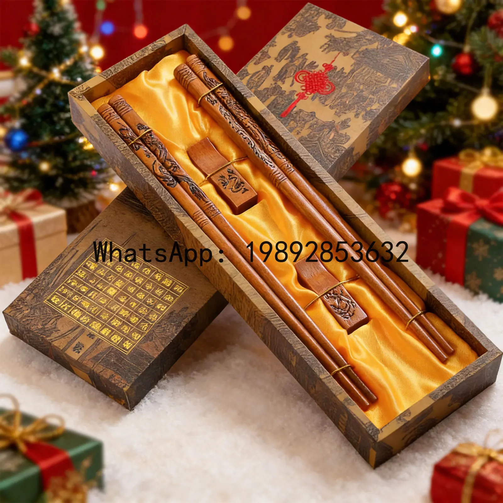 

Hand-Carved Dragon & Phoenix Chopsticks Gift Set - 2 Pairs 9" Reusable Wooden Chopsticks with Box & Stand, Elegant Asian Present