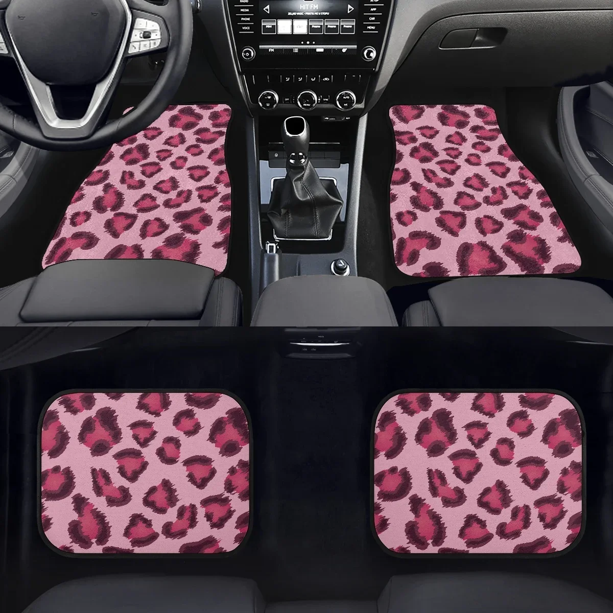 INSTANTARTS Pink Leopard Print Set of 4Pcs Car Floor Mats for Women Non Slip Car Accessories Front and Back Carpet Rug Durable