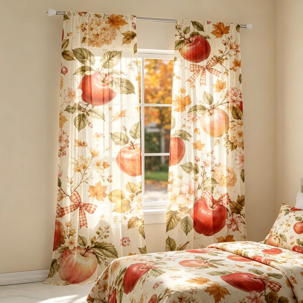 2PCS Fall Curtains, Red Apples Autumn Leaves Fall Print, Bedroom Living Room Window Drapes, Rod Pocket Polyester, Home Decor