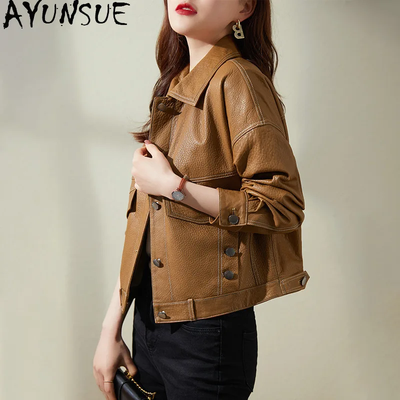 AYUNSUE Real Leather Jackets for Woman Solid Short Motorcycle Style Jacket Woman Lapel Sheepskin Coats Woman Clothes Ropa Mujer