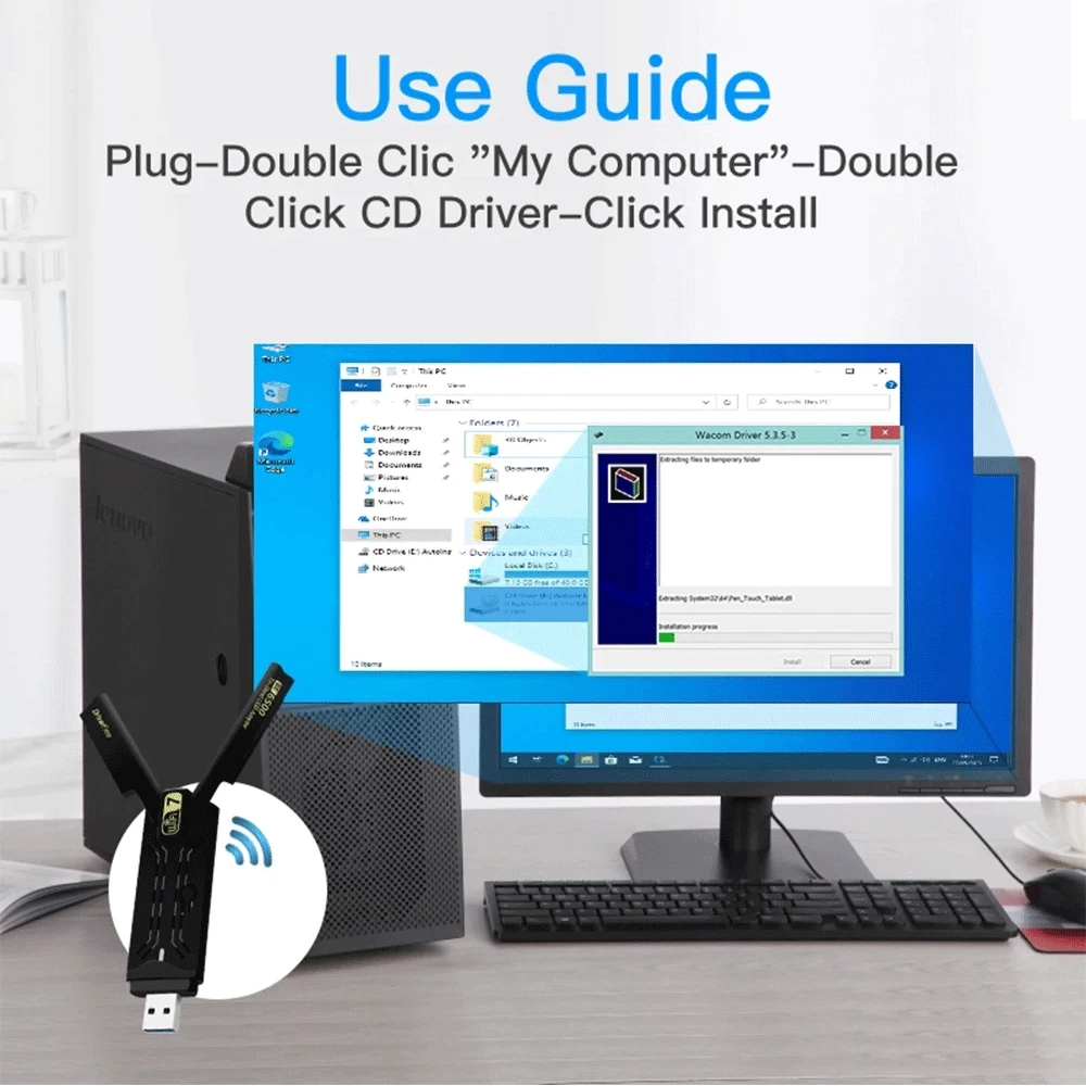 BE6500 WiFi 7 USB Adapter 2.4G/5G/6GHz Tri-band USB 3.0 Wireless Network Card 6500Mbps 802.11BE For Win10/11 PC
