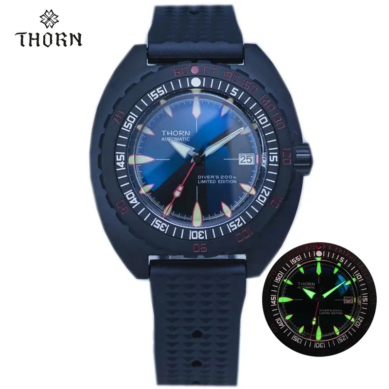 

THORN Watch Men Sapphire Sapphire Mirror Pot Cover Glass NH35 Movement Automatic Mechanical 200M Waterproof PVC Electroplating