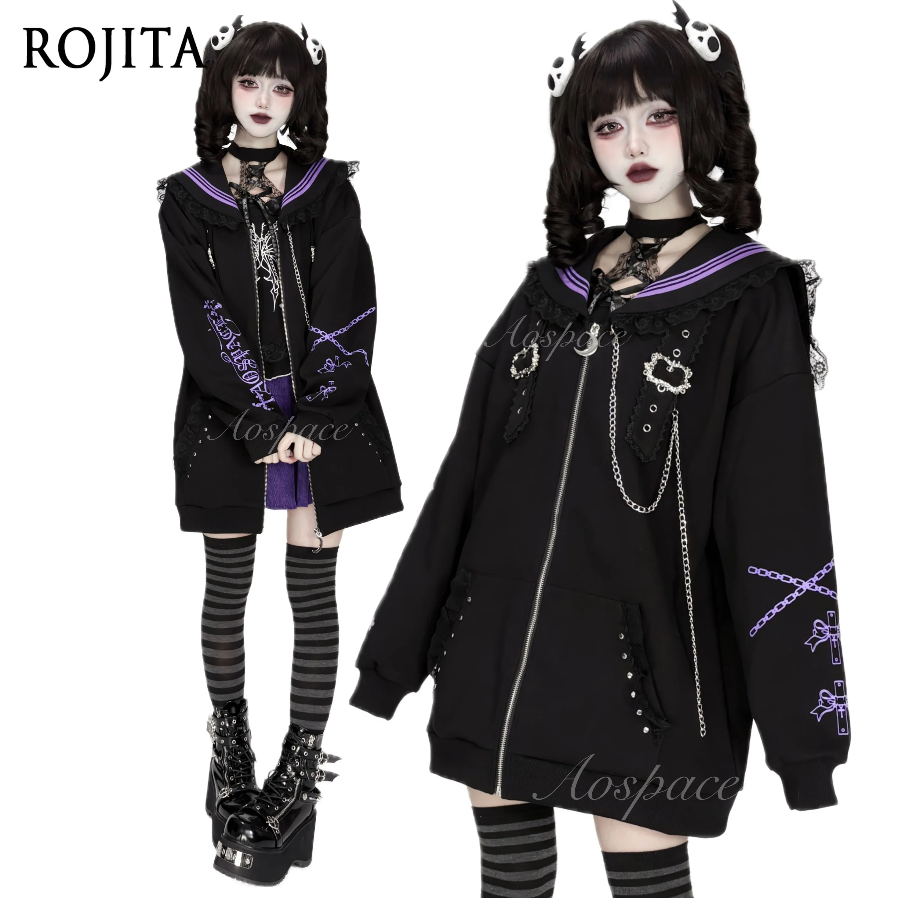 

Subculture Printed Chain Long Sleeve Navy Sailor Collar Loose Mid-Length Black and Purple Jacket Autumn Clothes Women Coat