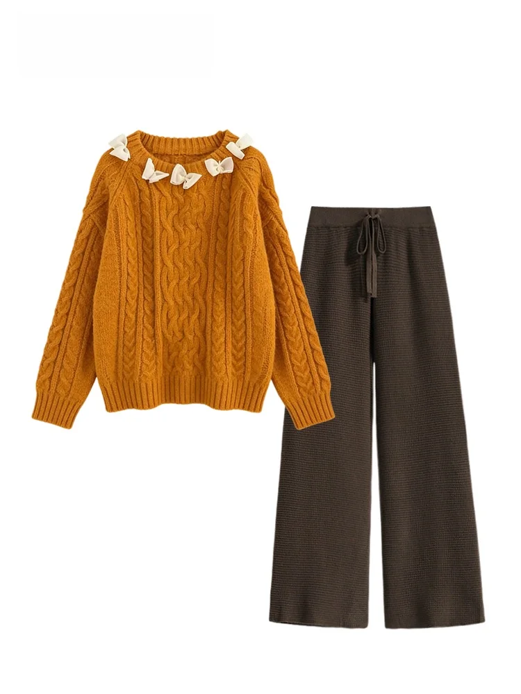 

Комплект Cara CLUB: вязаный костюм больших размеров для женщин, с длинными рукавами и прямыми брюками, винтажный, модный, для ранней весны