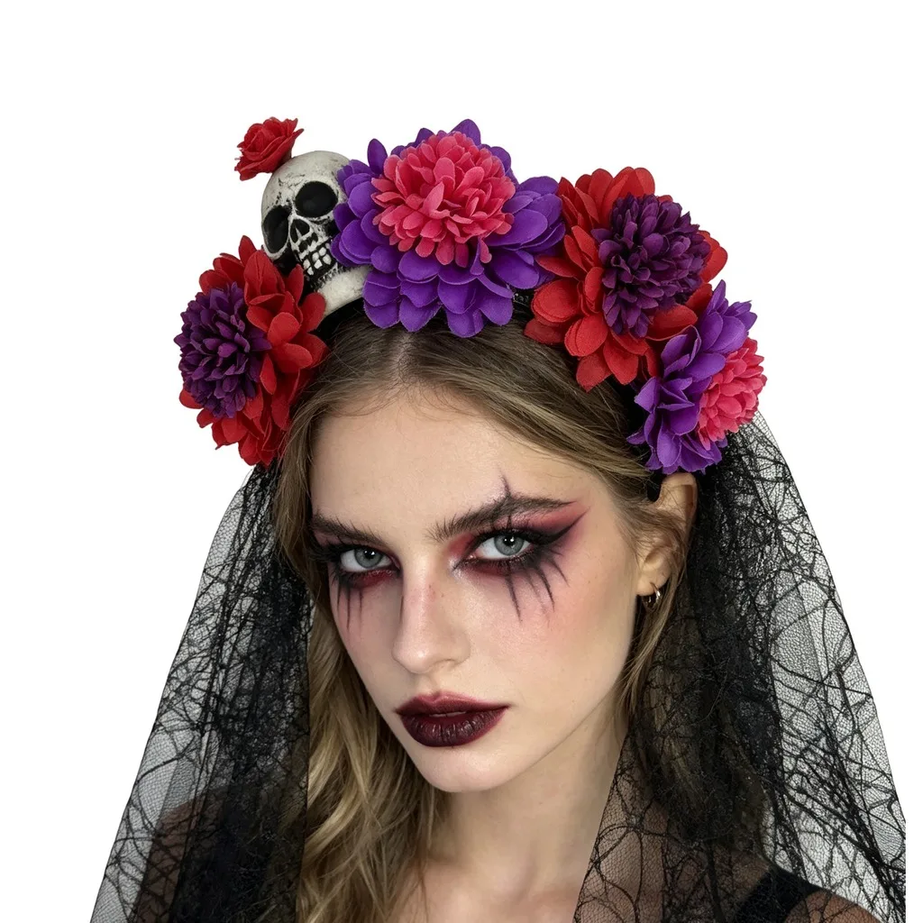 Lace Veil Headband Artificial Flower Festival Headwear Day Of The Dead Costume Headwear Hand Crafted Halloween Skull Headband
