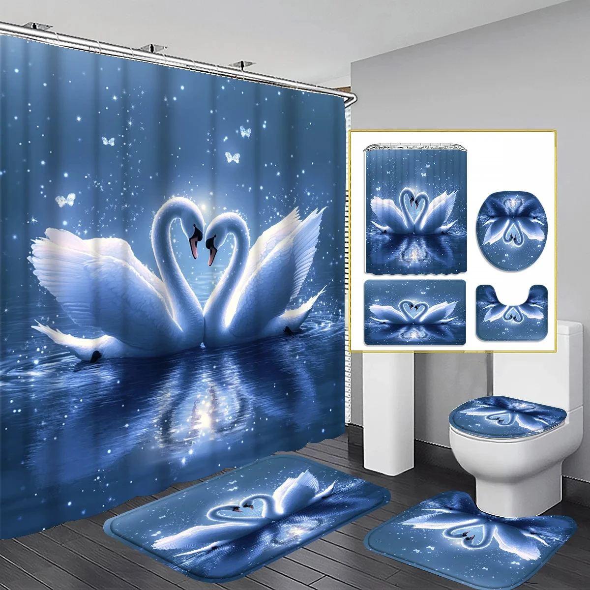 

4 шт., голубое озеро, романтический красивый лебединый узор, набор занавесок для душа, занавеска для ванной комнаты, декор для ванной комнаты, занавеска для душа, напольный коврик
