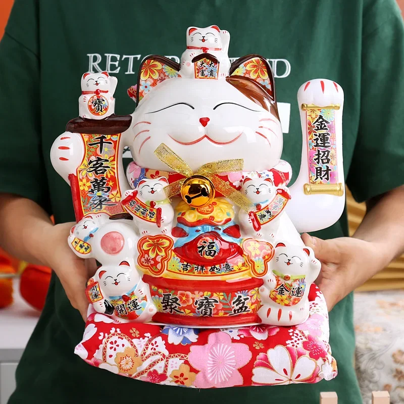 14 Inch Lucky Cat Decoration Creative Ceramics Automatic Beckoning Cartoon Cat Ornaments Large Decoration Shop Opening Gift