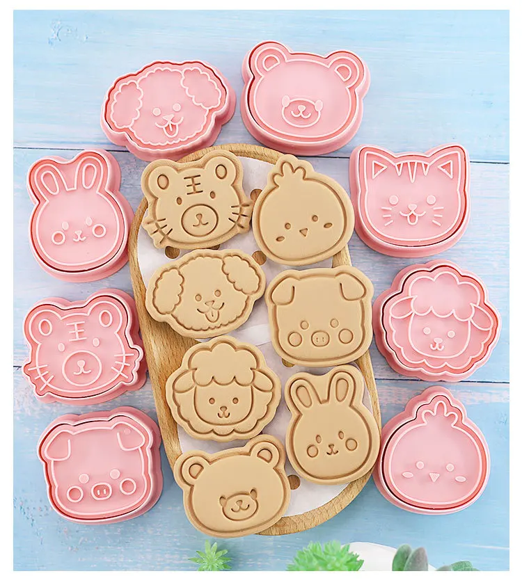 8pcs Cartoon Animal Biscuit Mold, Dog Bear Chicken Cat Tiger 3D Solid Cookie Baking and Pressing Mold