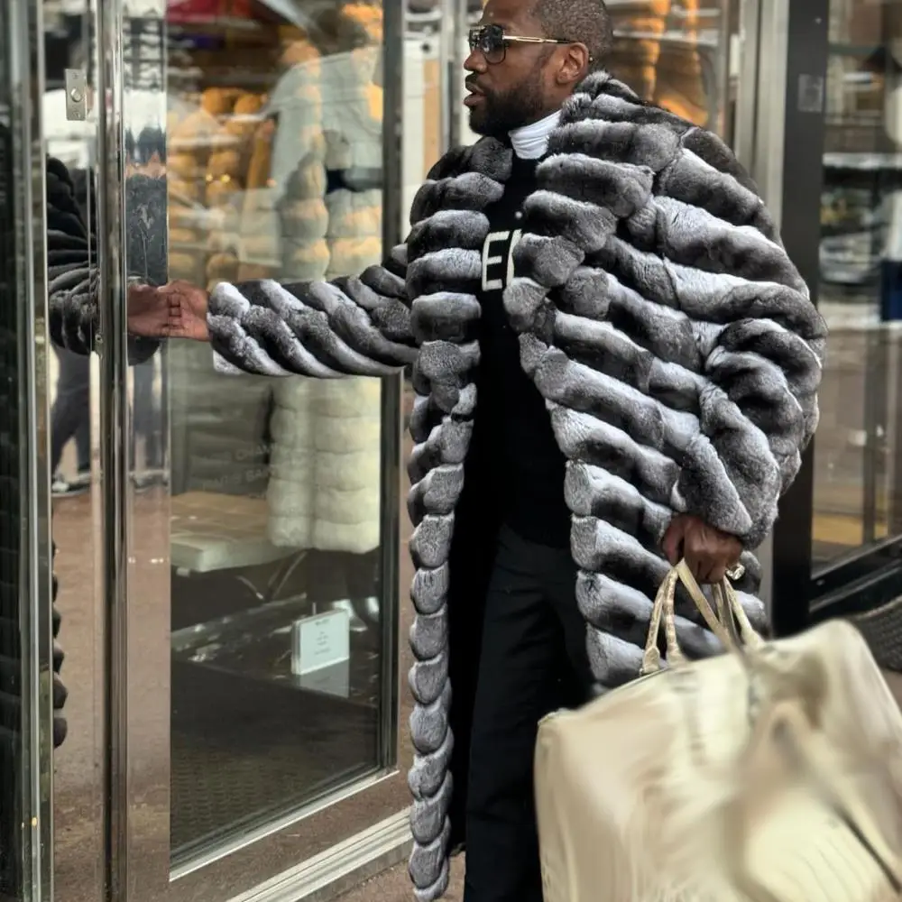 Fashion Long Real Rex Rabbit Fur Coat for Man Winter Outwear Natural Chinchilla Color Rex Rabbit Fur Coats with Lapel Collar