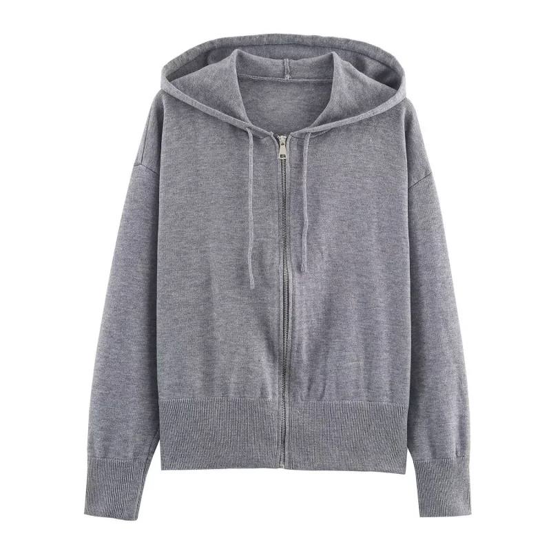 Spring Autumn Long Sleeve Knitted Zipper Decoration Hoodie Women Simple Loose Hooded Sweatshirt Female Casual Wear 2025 New