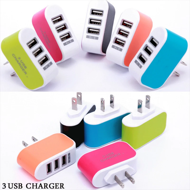 Universal 3 USB Multi-Port Wall Home Charger US Plug Wall Adapter Cube Block AC 110-220V 5V Candy Color Travel Charger Adapter