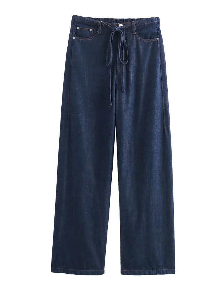 KAOPU ZA Women with drawstring denim-effect pants vintage mid-rise wide-leg female trousers mujer