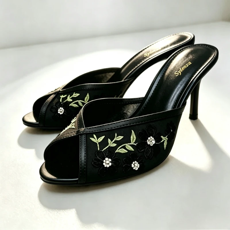 Fashion Embroidered Flower Thin High-heeled Slippers Women Sexy Peep Toe Mesh Heeled Sandals Luxury Designer Summer High-heels