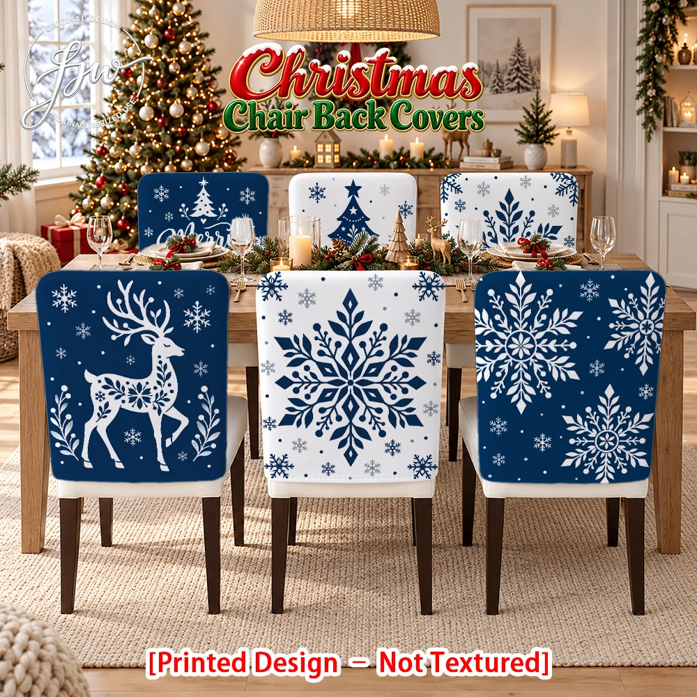 2/4/6pc Christmas Chair Back Covers Navy Blue Snowflake Reindeer Xmas Holiday Dining Chair Slipcovers for Party Home Decor