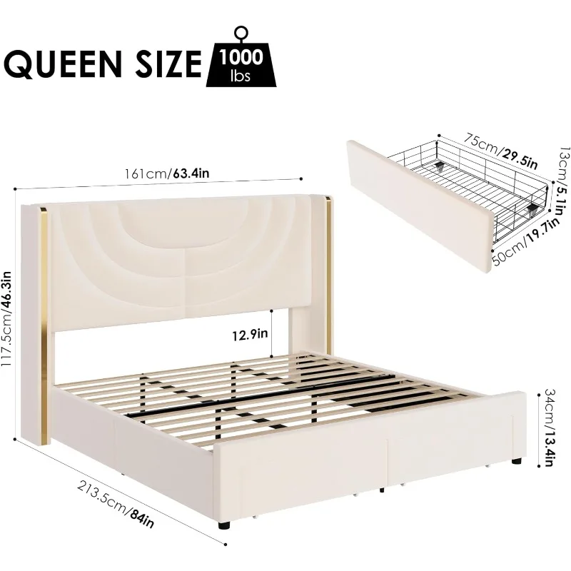 Marco de cama LED tapizado Queen con 2 cajones de almacenamiento, cama de plataforma de terciopelo con cabecero Wingback