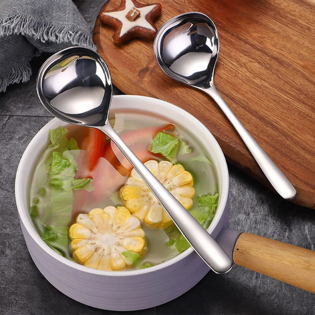 2Pcs Stainless Steel Thickened Head Soup Spoon Heavy Duty Kitchen Serving Ladle for Hot Pot Sauce Broth Ramen Stews Buffet