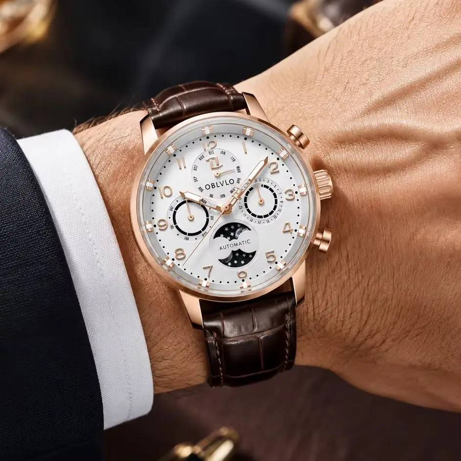 OBLVLO Men's Classic Multifunction Automatic Mechanical Watch – Moon Phase, Luminous, Water-Resistant, Leather Strap Dress Watch