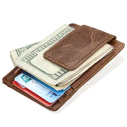 Cartera de cuero delgada con clip para dinero para hombre, tarjetero con bloqueo Rfid de bolsillo frontal con imanes de tierras raras
