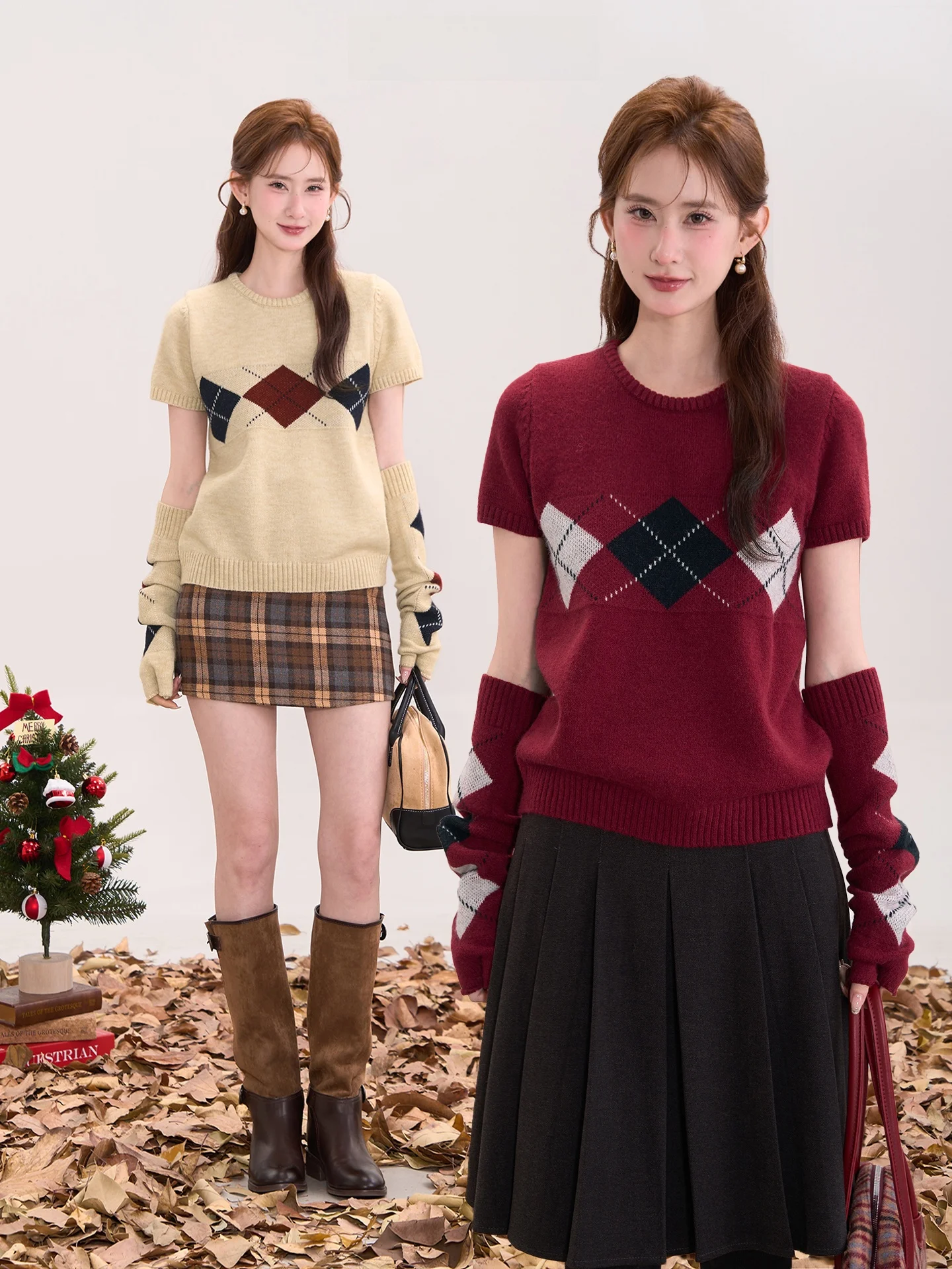 

Вязаный свитер в стиле ретро для женщин: теплый, модный, свободного кроя, с круглым вырезом, коротким рукавом и ромбовидным узором, зимний топ