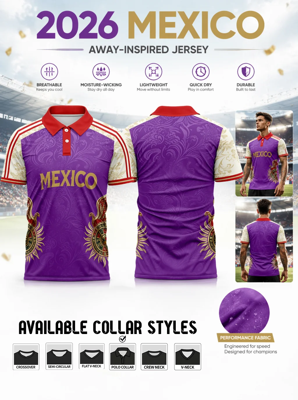 2026 Mexico purple‑toned away‑style polo soccer jersey, antique scroll texture and national totem prints