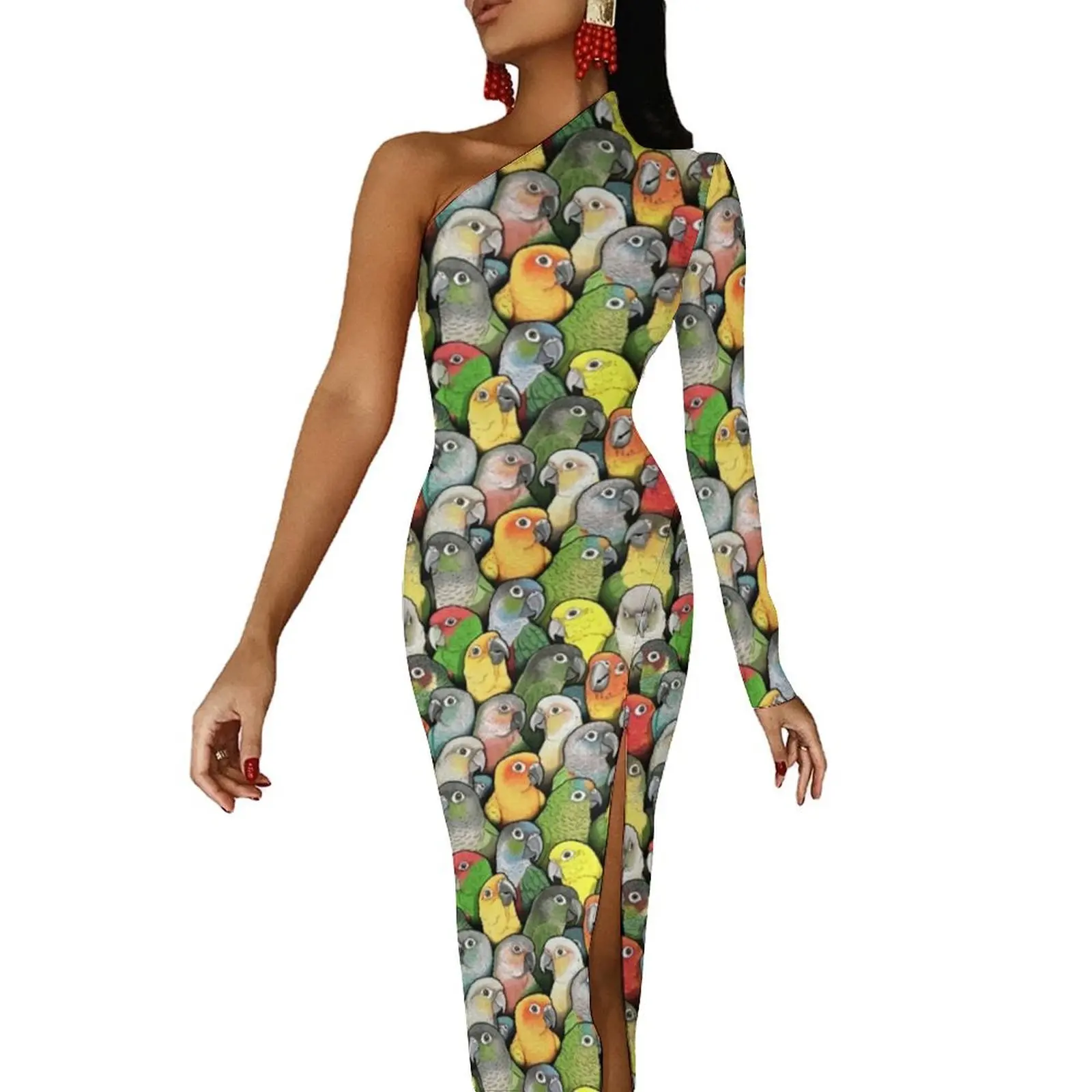 Kolorowa sukienka Maxi z papugą na jedno ramię z nadrukiem zwierzęcym Estetyczne sukienki bodycon Jesienna elegancka sukienka damska Vestidos