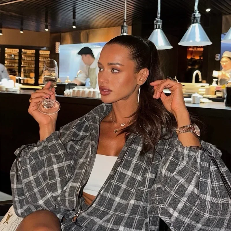 Women Casual Plaid Shorts Set Fashion Lapel Long Sleeve Zipper Jacket Short Pants Suit Lady Spring Daily Loose Outfits 2026