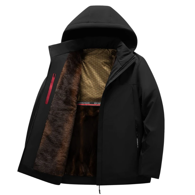 Winter Men's Business Casual Fleece Jacket with Black Gold Graphene Lining, Large Size, Loose Fit, Warm and Thick