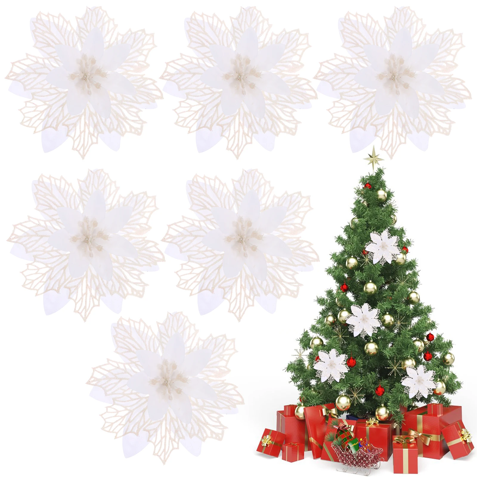 

6 Pcs Artificial Flowers Christmas Wreath Tree Decorations Holiday Flash White Winter Ornaments Plastic Xmas Craft Garland