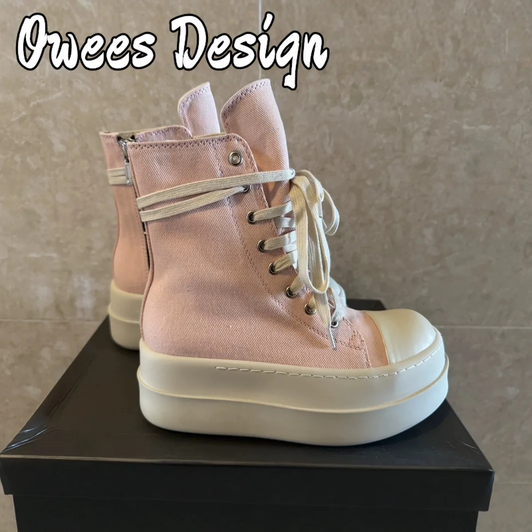 

High Top Canvas Shoes Women Platform 6cm Round Toed Casual Sneakers Men Lace Up Thick Sole Flat Shoes Luxury Brand Ankle Boots