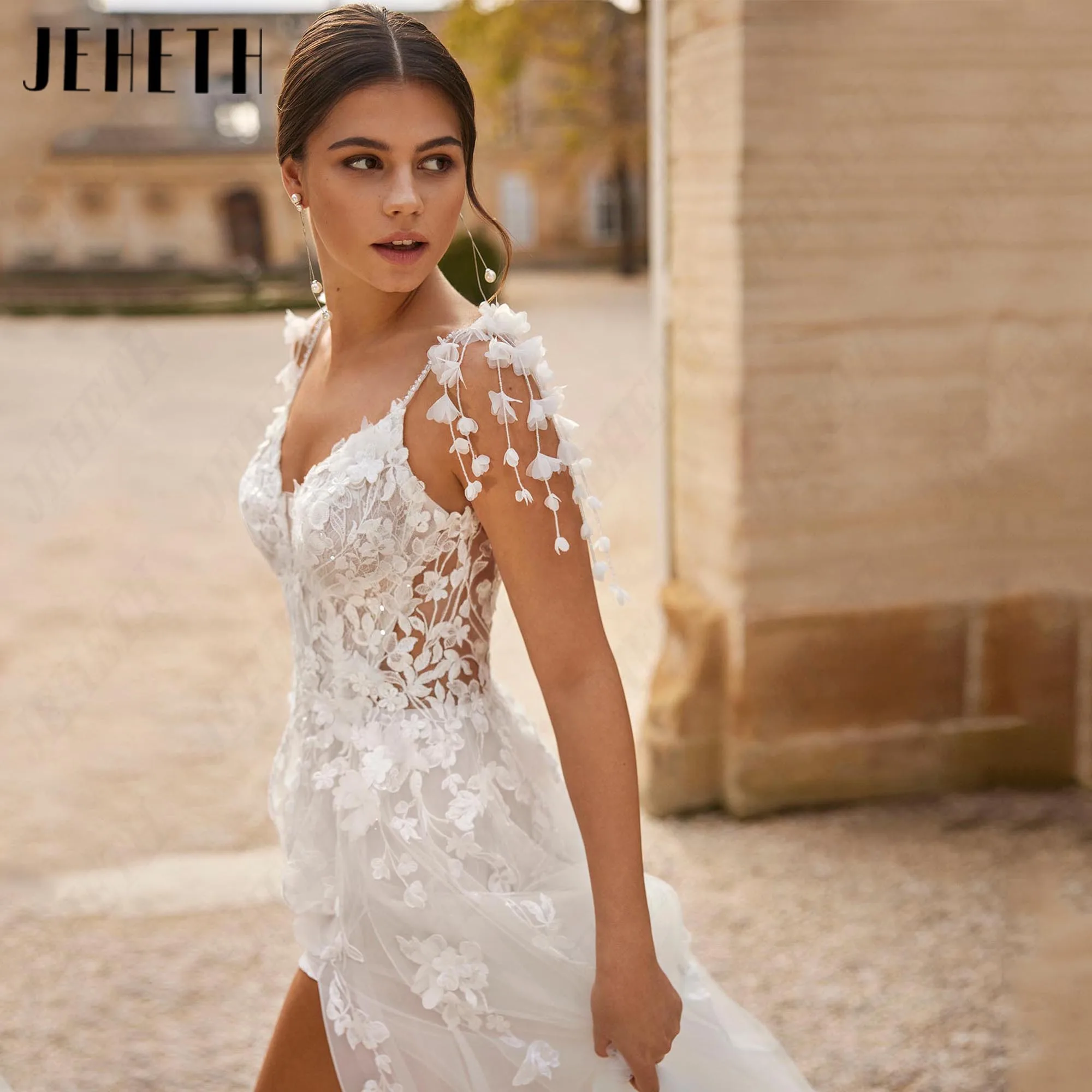 JEHETH Customized Vintage A-line Tulle Wedding Dresses New Beading Lace Appliques Bridal Gown V Neck High Slit Bride Dress