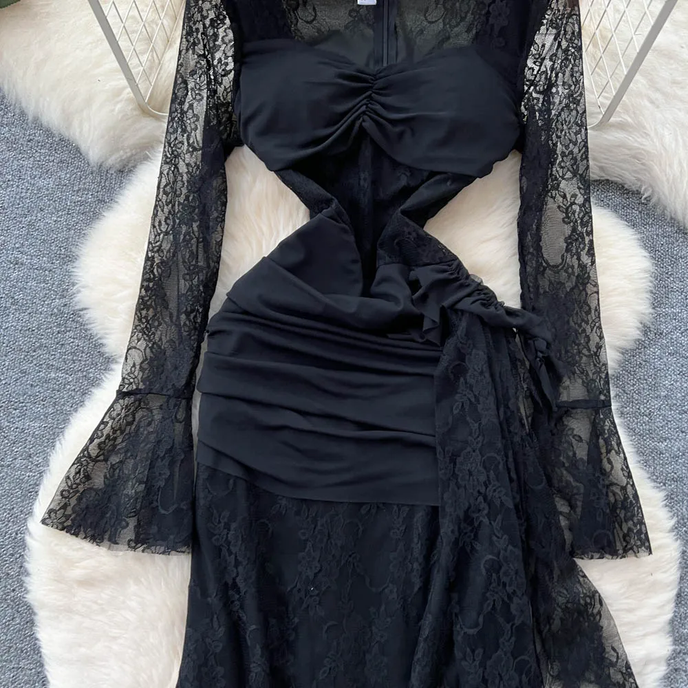 Elegancka sukienka w stylu vintage z długim rękawem i kwadratowym dekoltem, koronkowa, w stylu koreańskim, modna, słodka odzież damska.