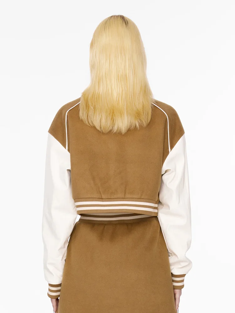 Thickened PU Leather Short Baseball Jacket for Women Kaki Color Retro American Style Slim Fit Coat Sweet Style Straight Tube