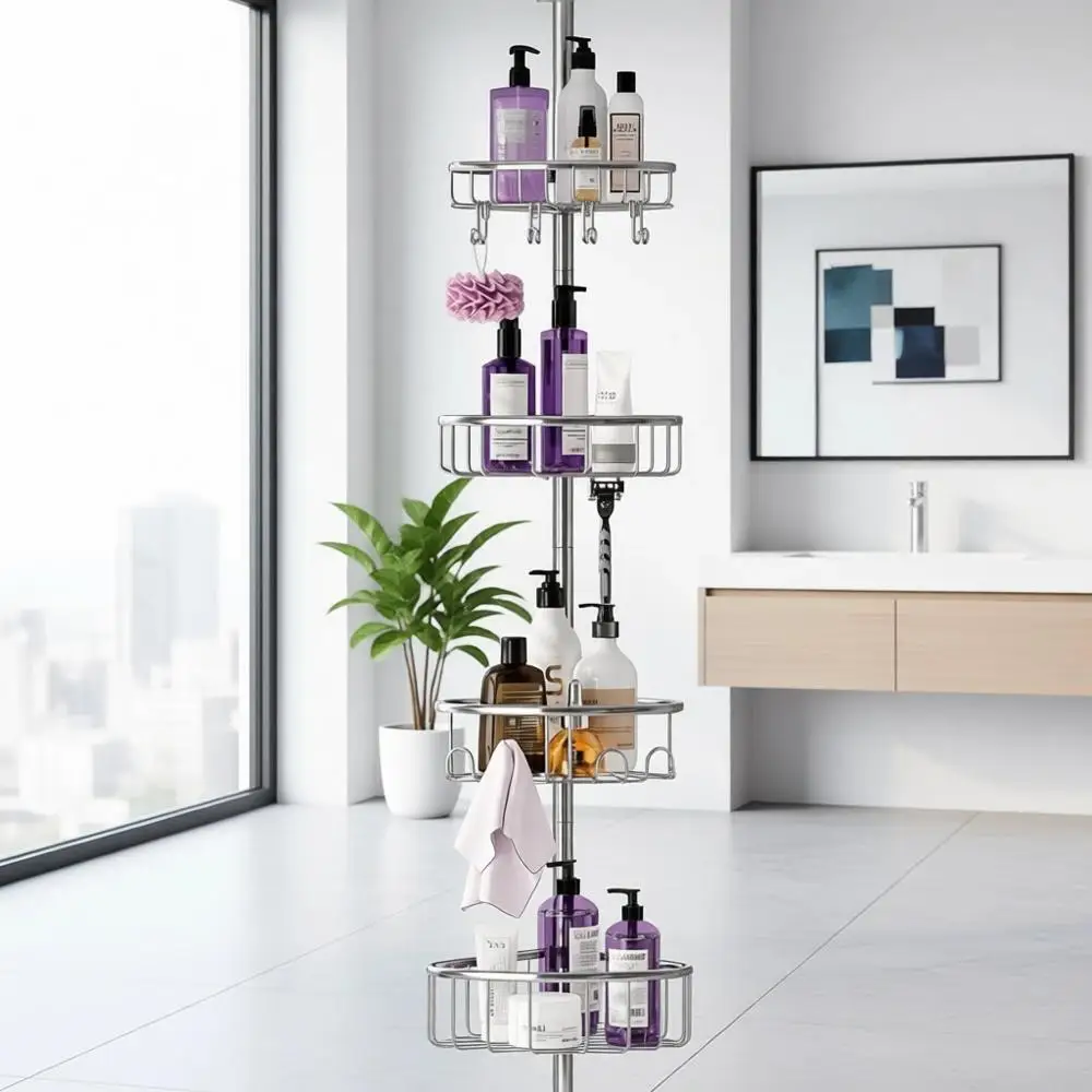 

Регулируемая 4-ярусная полка для душа из нержавеющей стали с телескопической штангой, 47-121 дюйм, для хранения шампуня